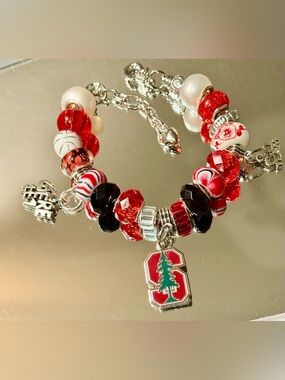 Stanford university Red and White Beaded Charm Bracelet with Stanford logo Charm